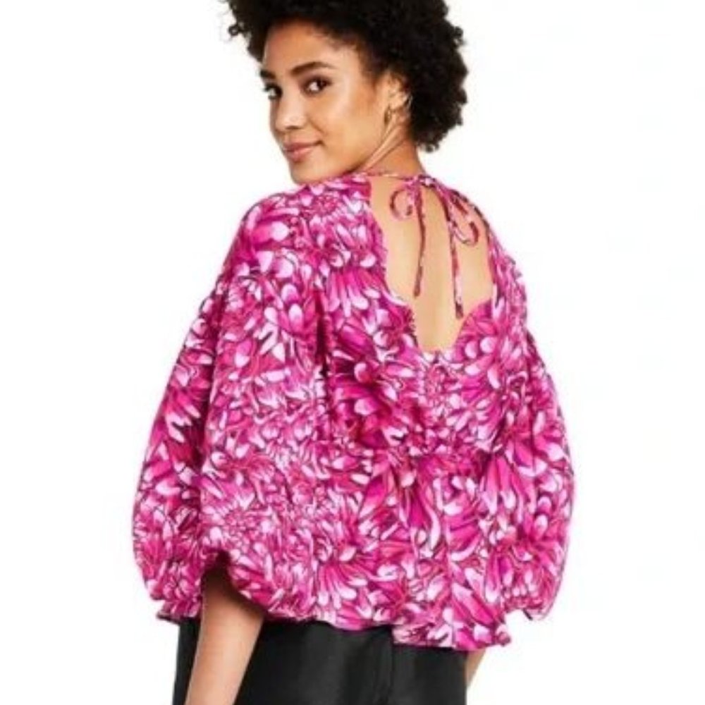 NWT Kika Vargas floral print scalloped back top with balloon sleeves sz 2X